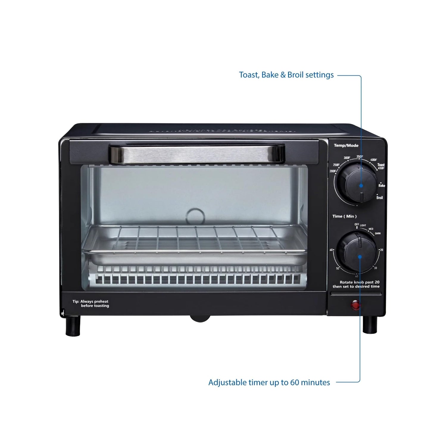 Mainstay Toaster Oven Combo Kitchen Appliances, Fits 9” Pizza, 4 Slice Capacity, Powerful Circulation, Auto Shutoff, Includes Baking Rack Pan Quartz, up to 60 Min, Easy Clean (Black)