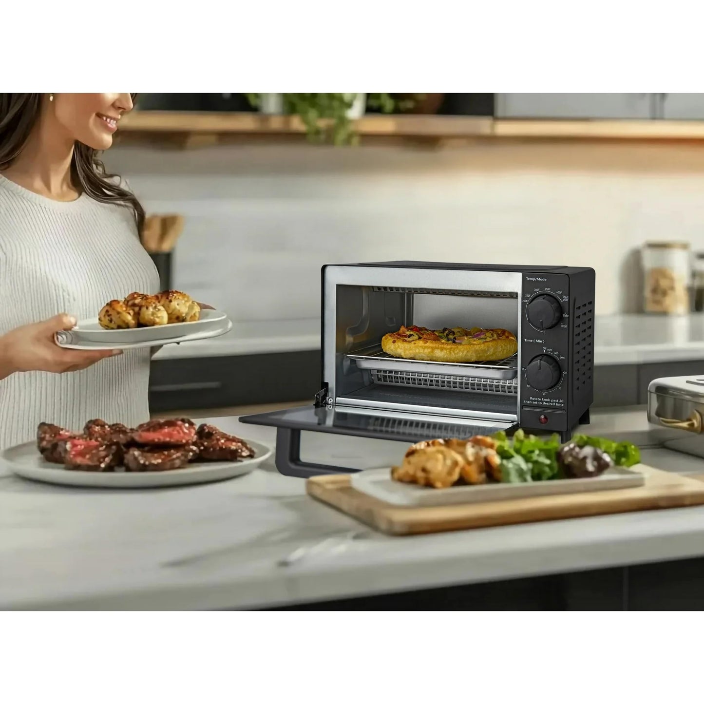 Mainstay Toaster Oven Combo Kitchen Appliances, Fits 9” Pizza, 4 Slice Capacity, Powerful Circulation, Auto Shutoff, Includes Baking Rack Pan Quartz, up to 60 Min, Easy Clean (Black)
