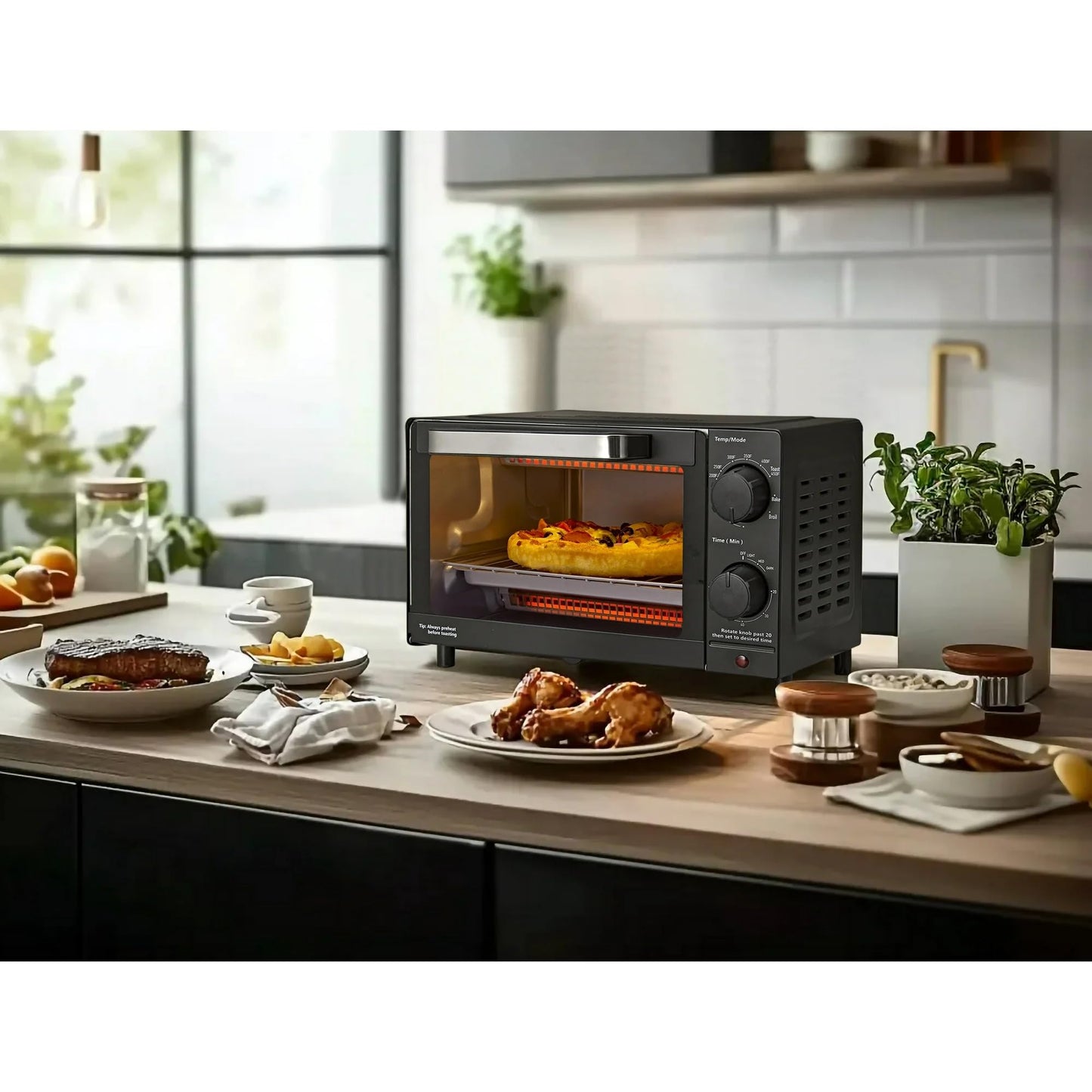 Mainstay Toaster Oven Combo Kitchen Appliances, Fits 9” Pizza, 4 Slice Capacity, Powerful Circulation, Auto Shutoff, Includes Baking Rack Pan Quartz, up to 60 Min, Easy Clean (Black)