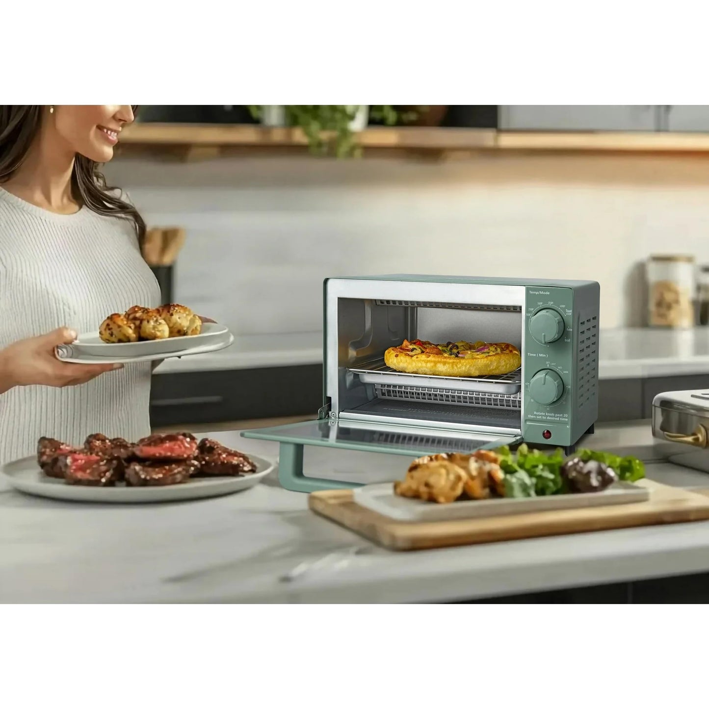 Mainstay Toaster Oven Combo Kitchen Appliances, Fits 9” Pizza, 4 Slice Capacity, Powerful Circulation, Auto Shutoff, Includes Baking Rack Pan Quartz, up to 60 Min, Easy Clean (Black)