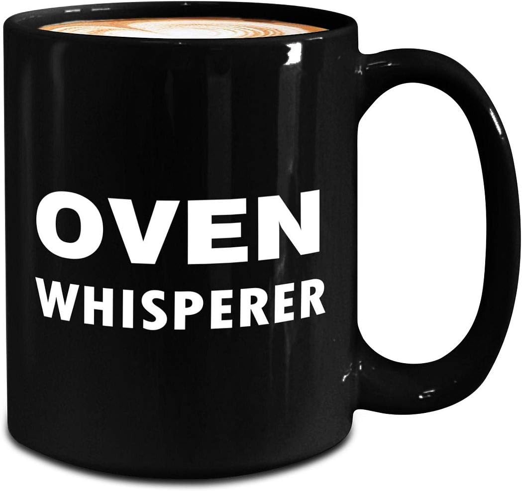 Baker Mug - Large 15oz Black Ceramic Coffee Tea Cup Appreciation Gifts - Funny Baking for Culinary School Student Professional Pastry Chef Cake Decorator Dessert Cute Gag - Oven Whisperer