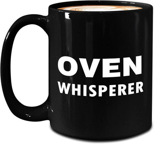 Baker Mug - Large 15oz Black Ceramic Coffee Tea Cup Appreciation Gifts - Funny Baking for Culinary School Student Professional Pastry Chef Cake Decorator Dessert Cute Gag - Oven Whisperer