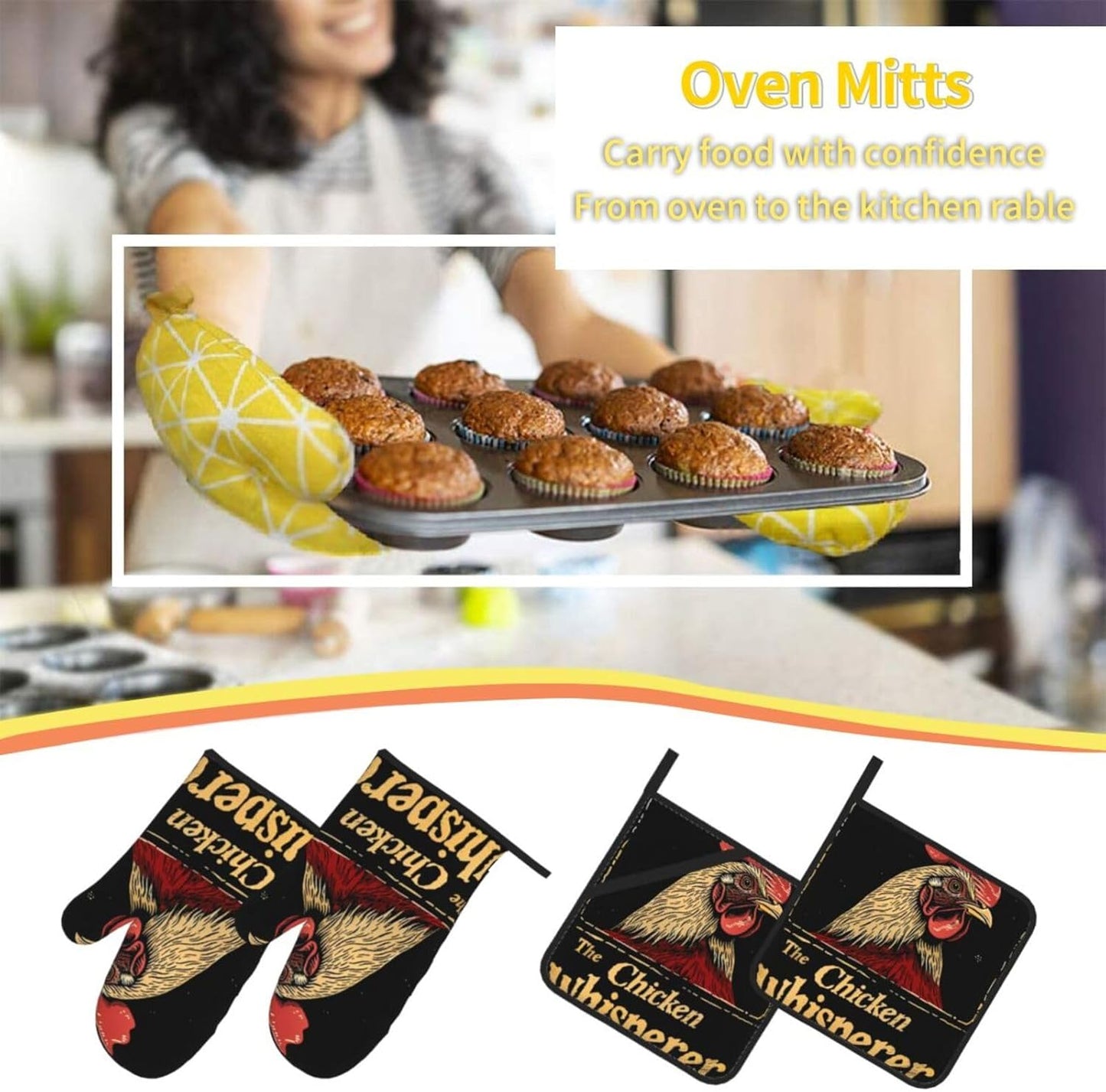 Chicken Whisperer Funny Chicken Lover Oven Mitts and Pot Holders 4 Pcs Set,High Heat Resistant 500 Degree Extra Thicken Long Kitchen Cotton Oven Glove for Cooking