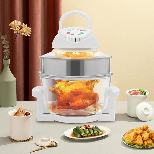 17L Air Fryer with Glass Bowl, 360° Viewable Turbo Convection Oven with Expansion Ring, Glass Air Fryer with 2 Roast Racks, Timer & Temperature Control, for Home Kitchen