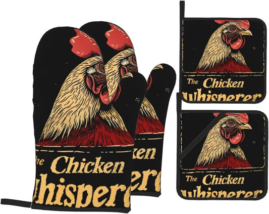 Chicken Whisperer Funny Chicken Lover Oven Mitts and Pot Holders 4 Pcs Set,High Heat Resistant 500 Degree Extra Thicken Long Kitchen Cotton Oven Glove for Cooking