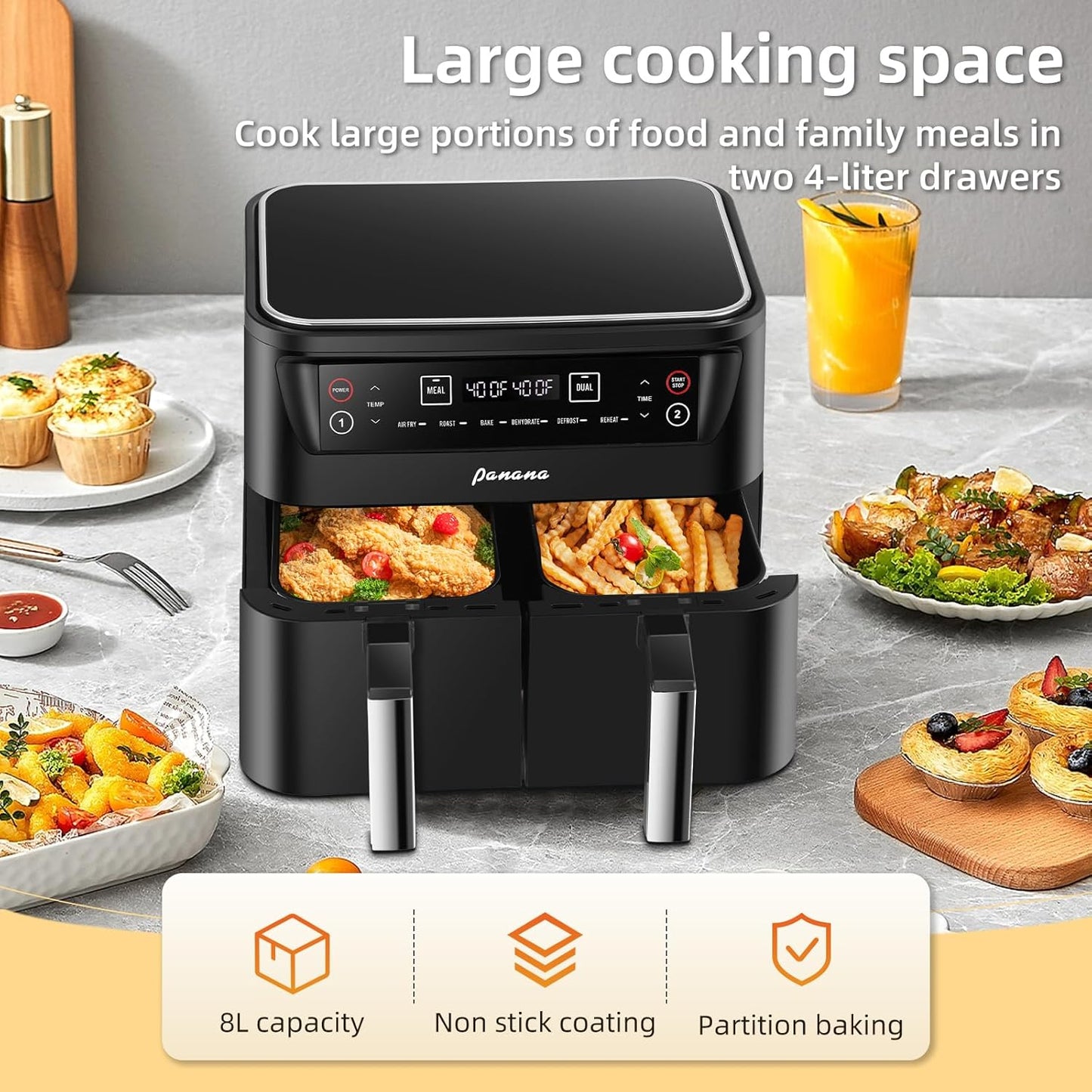 Air Fryer 8.5QT, Dual Zone 6 in 1 Air Fryer for Roast, Bake, Dehydrator, Defrost, Reheat for Quick Meals, Airfryers for Family Use